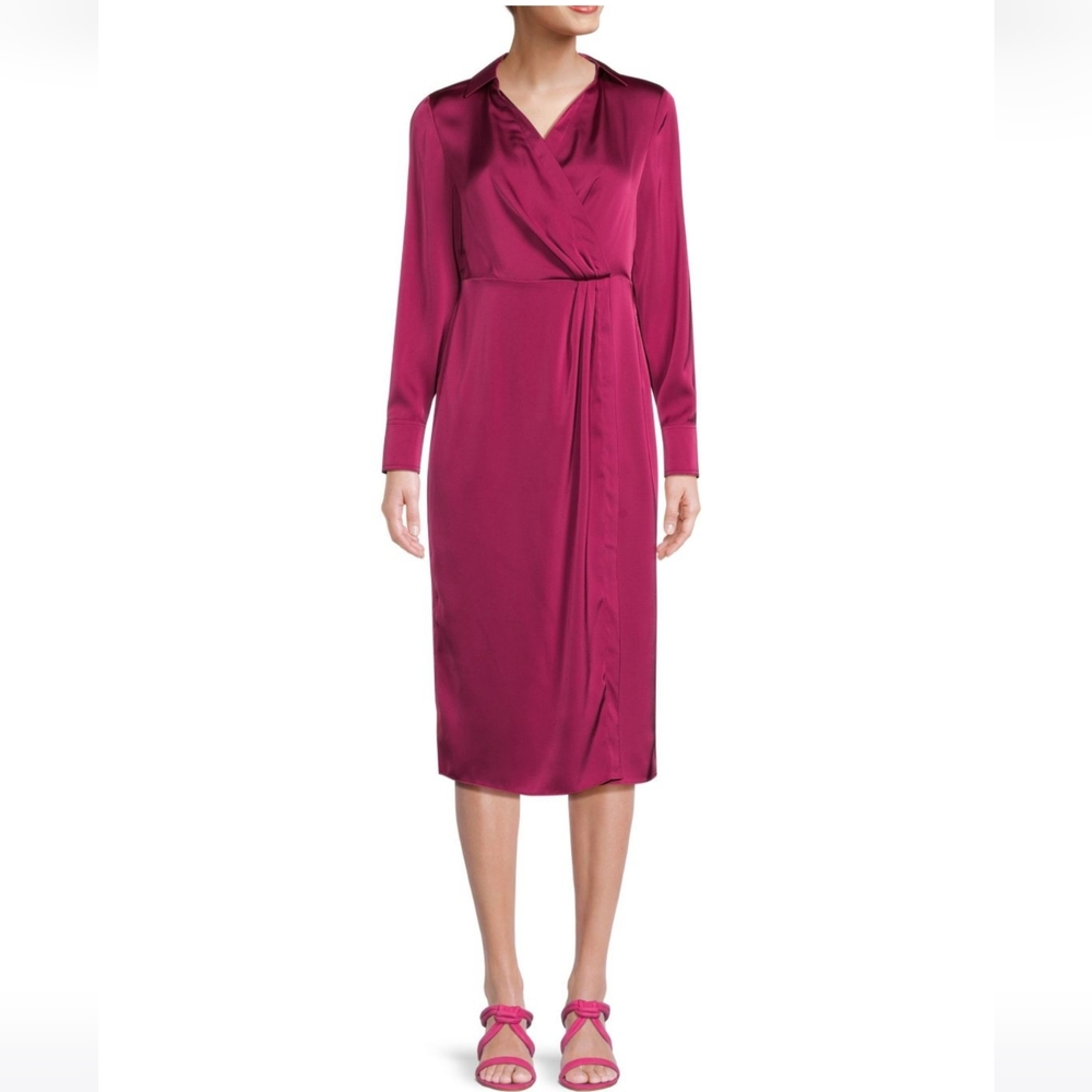 Nicole Miller Faux Wrap Satin A-line Long Sleeve Midi Career Dress Purple Sz 4